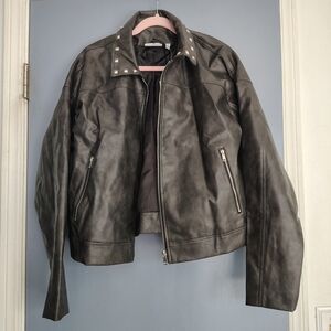 Men's Black Leather Jacket with Studded Collar